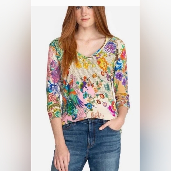 Johnny Was Tops - Johnny Was Dreamer Favorite Vee Swing Tee Shirt Top Long Sleeve Floral‎ XS